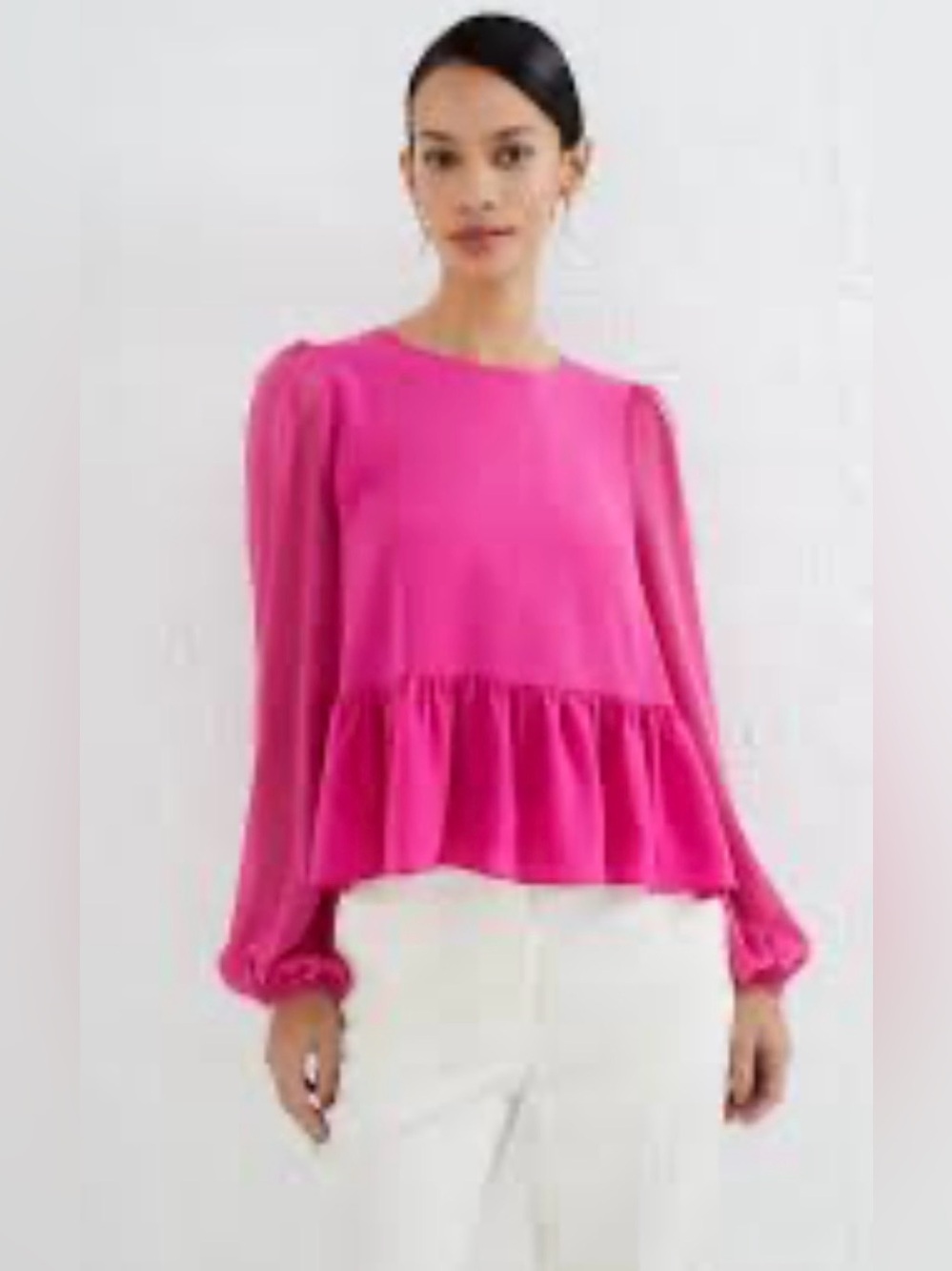 French Connection NWT Pink Sheer Long-Sleeve Ruffle Hem Blouse Size S
